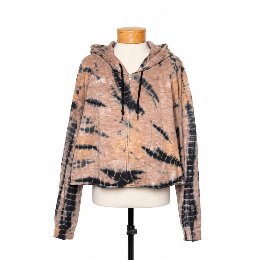 Victorias Secret PINK Oslo Burst Tie Dye Hoodie XXL Cropped Zip Slub Tan Black